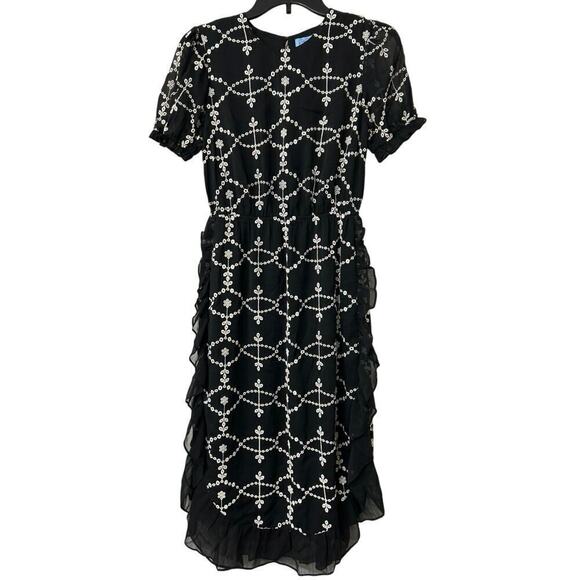 CECE Black Embroidered Ruffle Puff Sleeve Midi Dress Size 0 - Picture 1 of 14